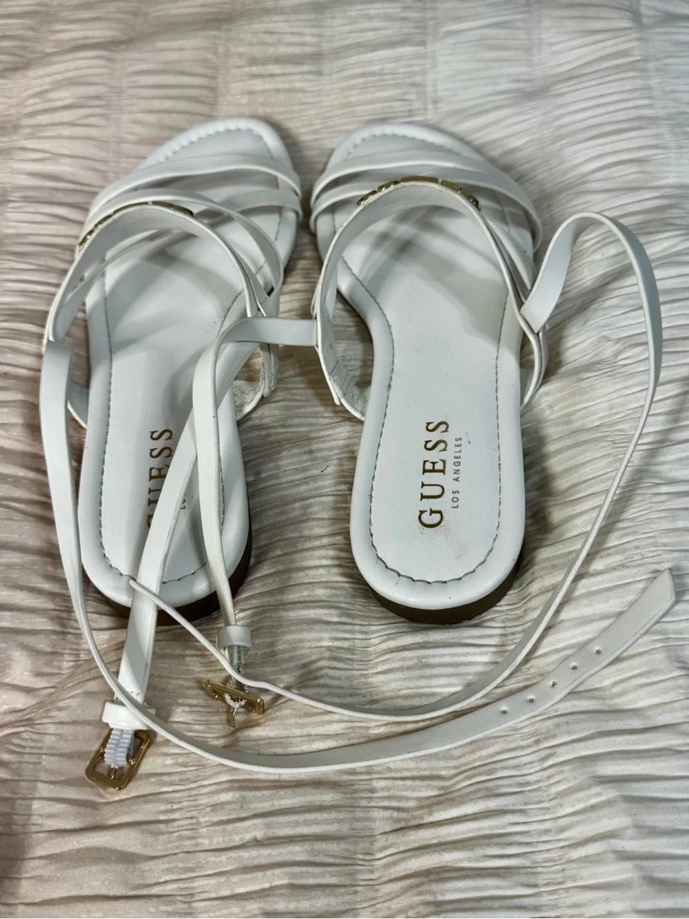 GUESS White Strappy Sandals with Gold Logo Accent Ankle Straps